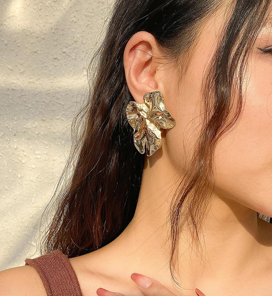 Big Gold Flower Statement Earrings for Women, 14K Gold Plated Chunky Unique Starfish Leaf Floral Drop Earrings, Large Fall Earrings Jewelry Gift - Image 3