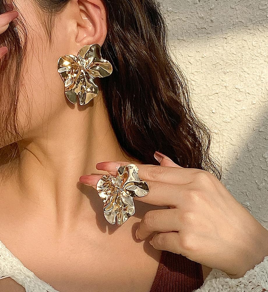 Big Gold Flower Statement Earrings for Women, 14K Gold Plated Chunky Unique Starfish Leaf Floral Drop Earrings, Large Fall Earrings Jewelry Gift - Image 4