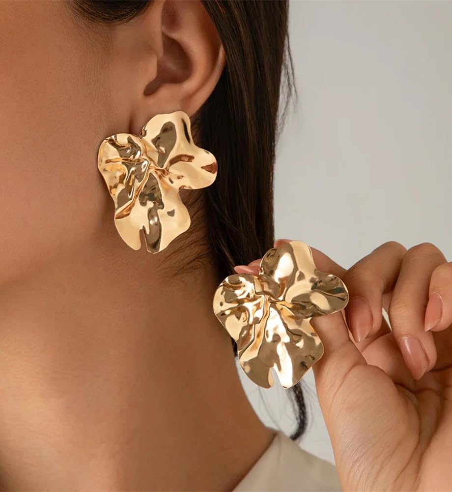 Big Gold Flower Statement Earrings for Women, 14K Gold Plated Chunky Unique Starfish Leaf Floral Drop Earrings, Large Fall Earrings Jewelry Gift - Image 5