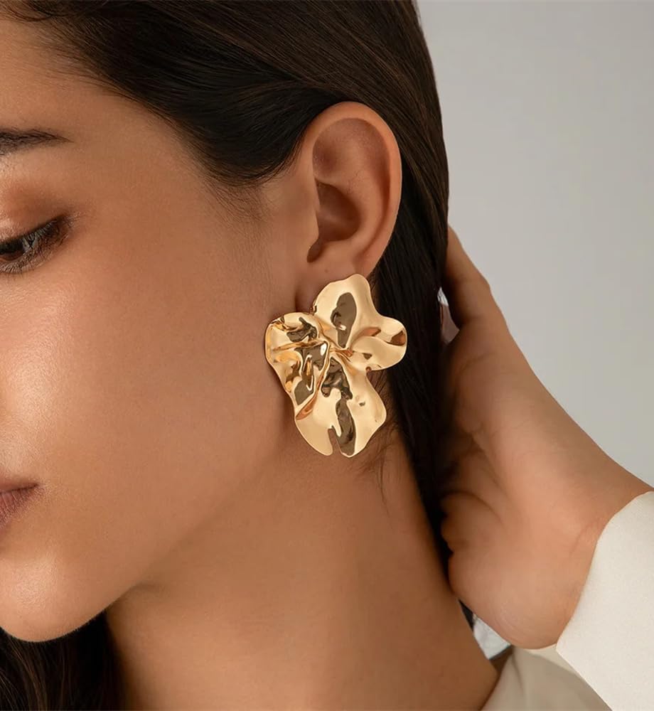 Big Gold Flower Statement Earrings for Women, 14K Gold Plated Chunky Unique Starfish Leaf Floral Drop Earrings, Large Fall Earrings Jewelry Gift - Image 6
