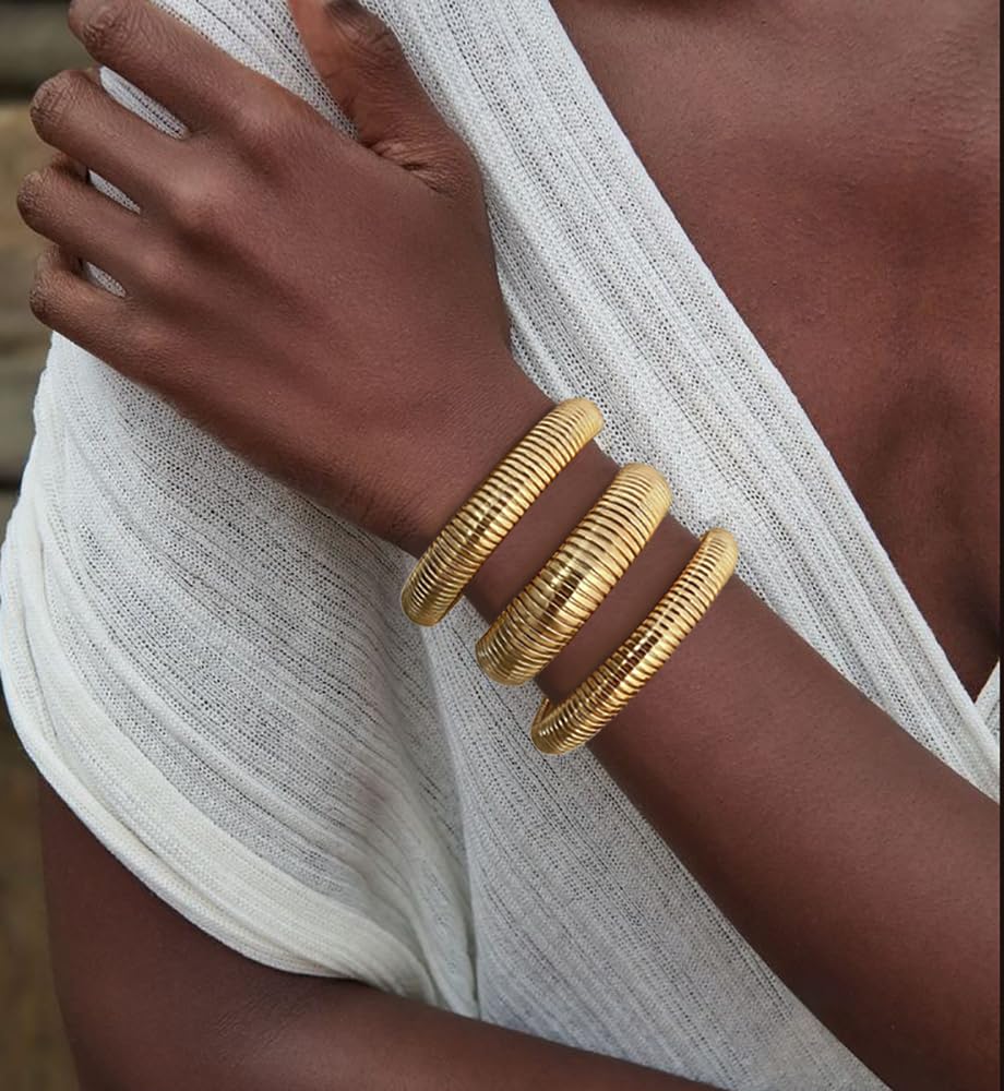 Chunky Gold Bangle Bracelets for Women, Big Thick Stretch Bangles Set, Trendy Stackable Bangle Bracelet Stack Fashion Accessories Boho Jewelry Gifts - Image 3