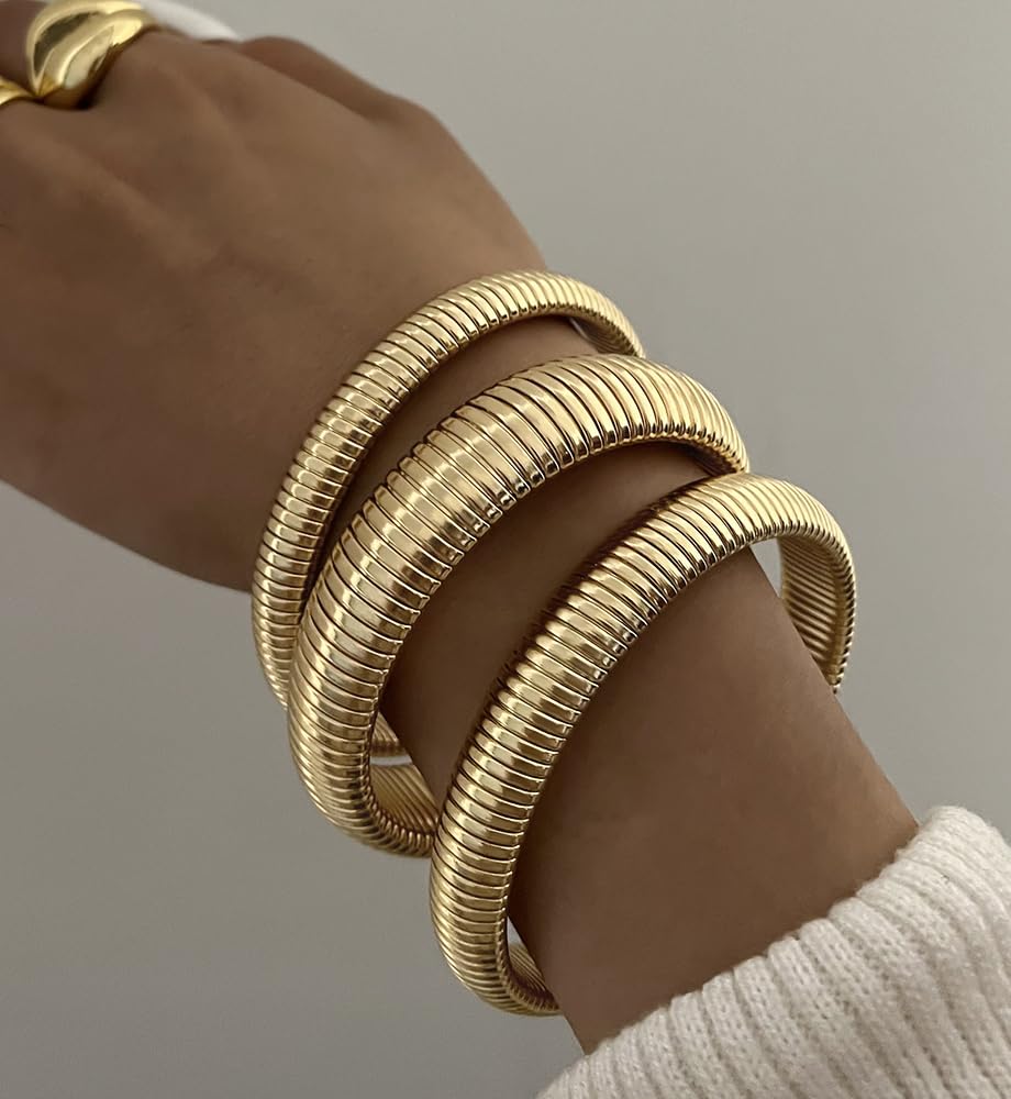 Chunky Gold Bangle Bracelets for Women, Big Thick Stretch Bangles Set, Trendy Stackable Bangle Bracelet Stack Fashion Accessories Boho Jewelry Gifts - Image 4