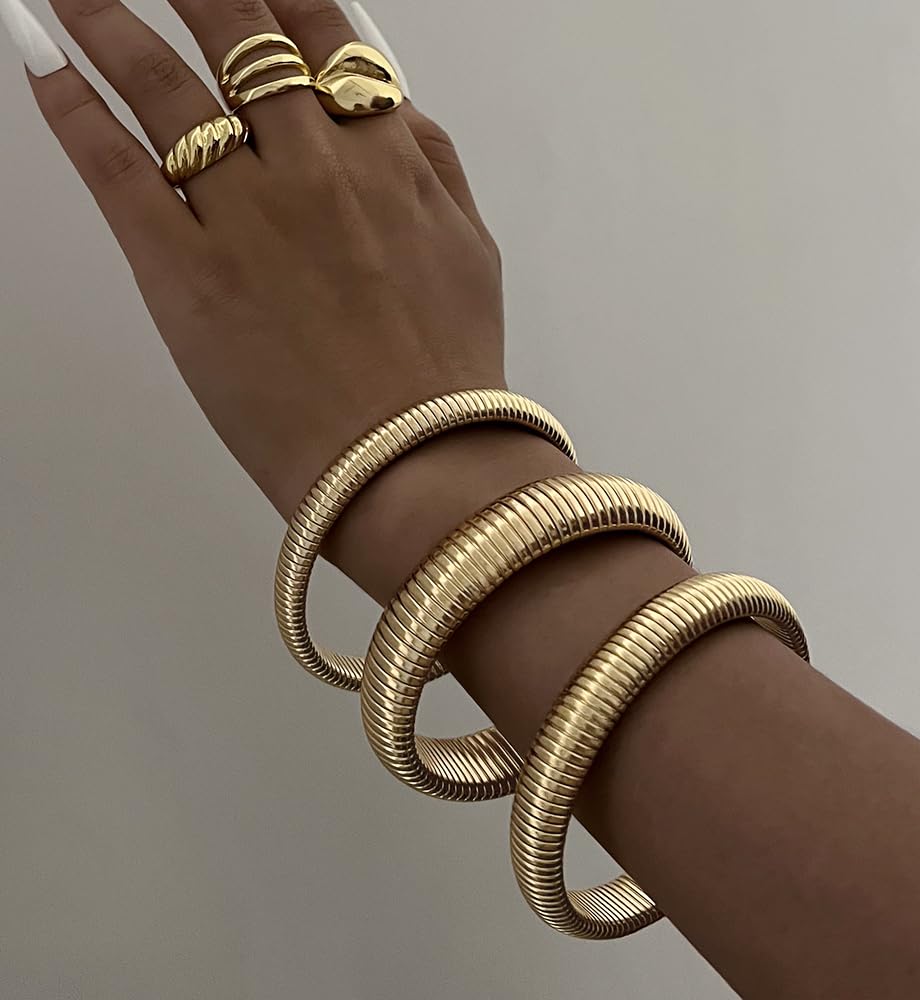 Chunky Gold Bangle Bracelets for Women, Big Thick Stretch Bangles Set, Trendy Stackable Bangle Bracelet Stack Fashion Accessories Boho Jewelry Gifts - Image 5
