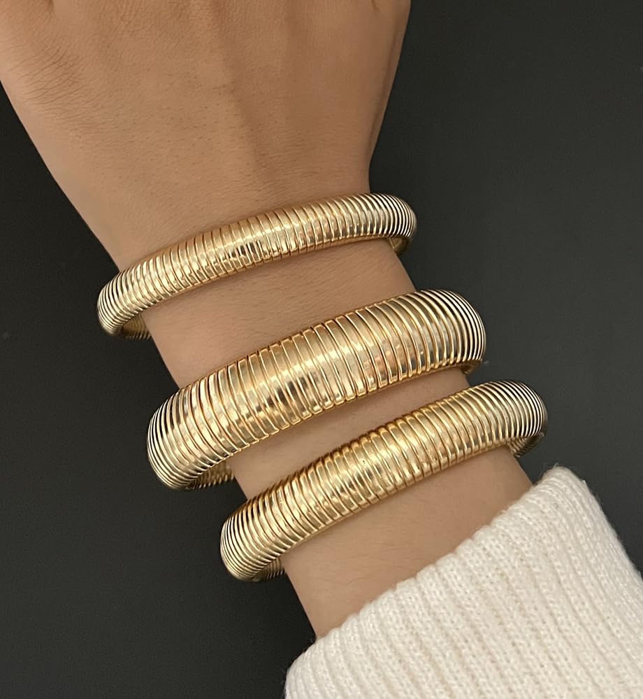 Chunky Gold Bangle Bracelets for Women, Big Thick Stretch Bangles Set, Trendy Stackable Bangle Bracelet Stack Fashion Accessories Boho Jewelry Gifts - Image 9