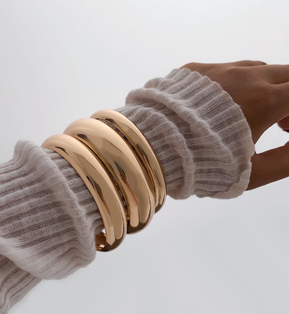 Chunky Gold Bangle Bracelets for Women, Big Thick Stretch Bangles Set, Trendy Stackable Bangle Bracelet Stack Fashion Accessories Boho Jewelry Gifts - Image 5