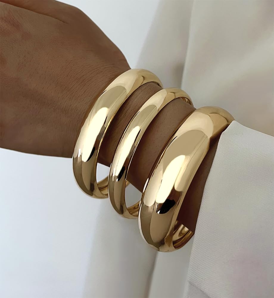 Chunky Gold Bangle Bracelets for Women, Big Thick Stretch Bangles Set, Trendy Stackable Bangle Bracelet Stack Fashion Accessories Boho Jewelry Gifts - Image 6