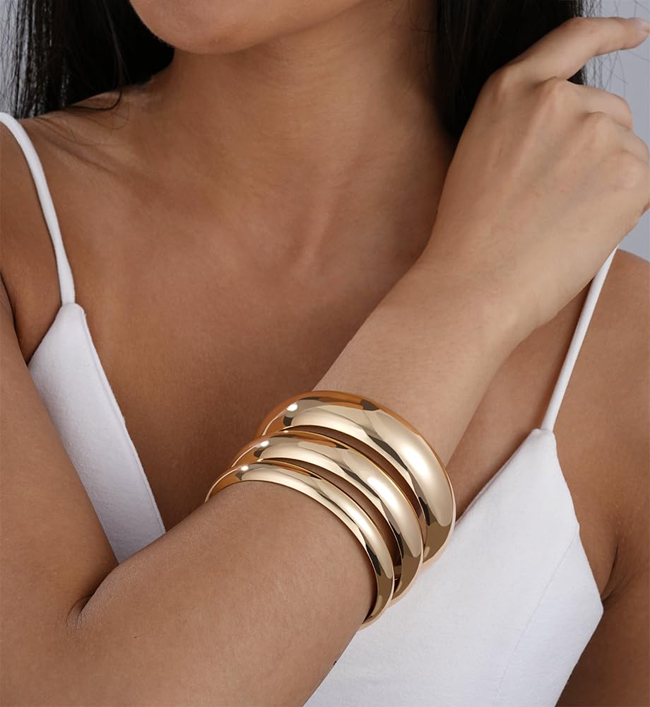 Chunky Gold Bangle Bracelets for Women, Big Thick Stretch Bangles Set, Trendy Stackable Bangle Bracelet Stack Fashion Accessories Boho Jewelry Gifts - Image 3