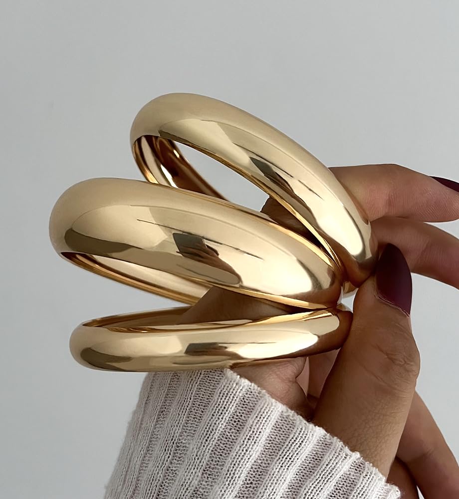 Chunky Gold Bangle Bracelets for Women, Big Thick Stretch Bangles Set, Trendy Stackable Bangle Bracelet Stack Fashion Accessories Boho Jewelry Gifts - Image 4
