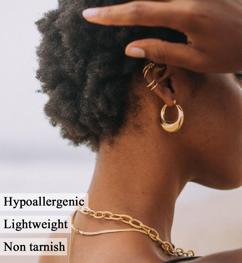 Chunky Gold Hoop Earrings for Women, 14K Gold Plated Lightweight Small Hoop Earrings Pack, Hypoallergenic Open Twisted Huggie Hoops Set Jewelry Gifts - Image 3