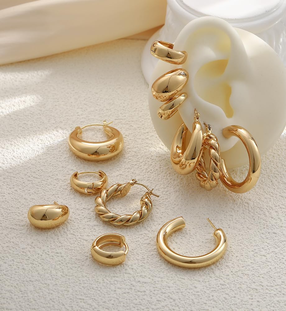 Chunky Gold Hoop Earrings for Women, 14K Gold Plated Lightweight Small Hoop Earrings Pack, Hypoallergenic Open Twisted Huggie Hoops Set Jewelry Gifts - Image 7