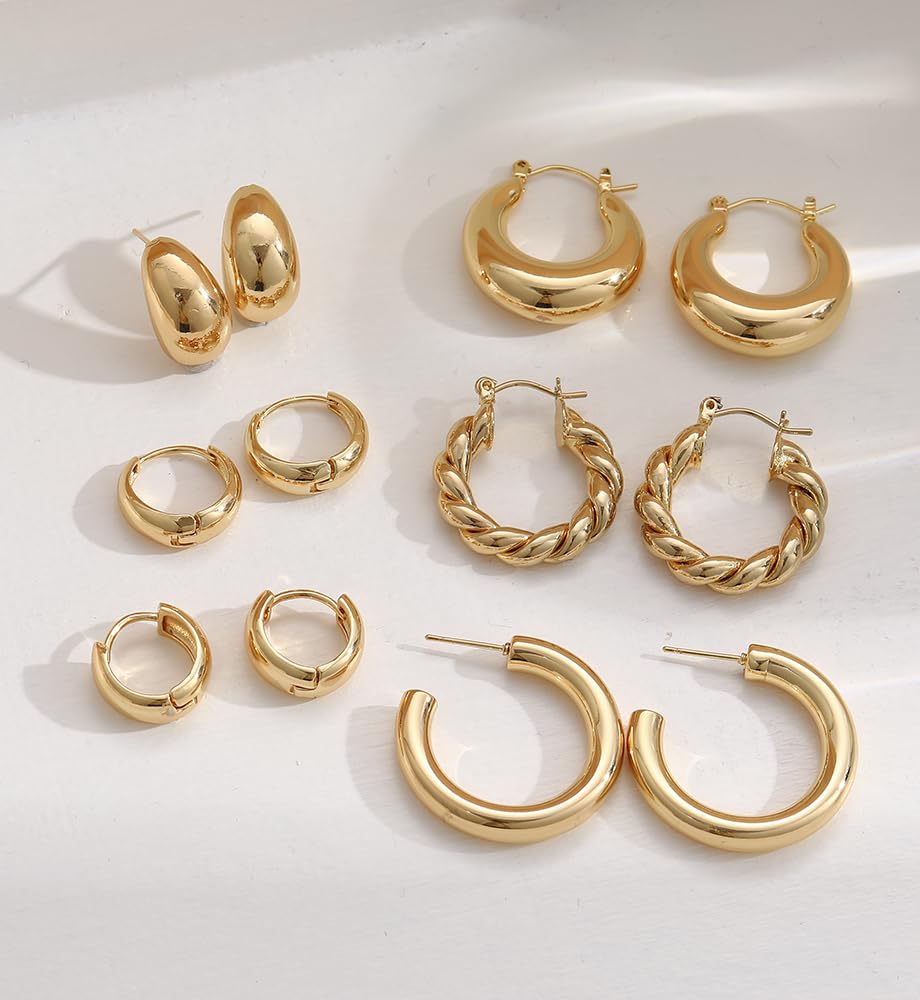 Chunky Gold Hoop Earrings for Women, 14K Gold Plated Lightweight Small Hoop Earrings Pack, Hypoallergenic Open Twisted Huggie Hoops Set Jewelry Gifts - Image 8