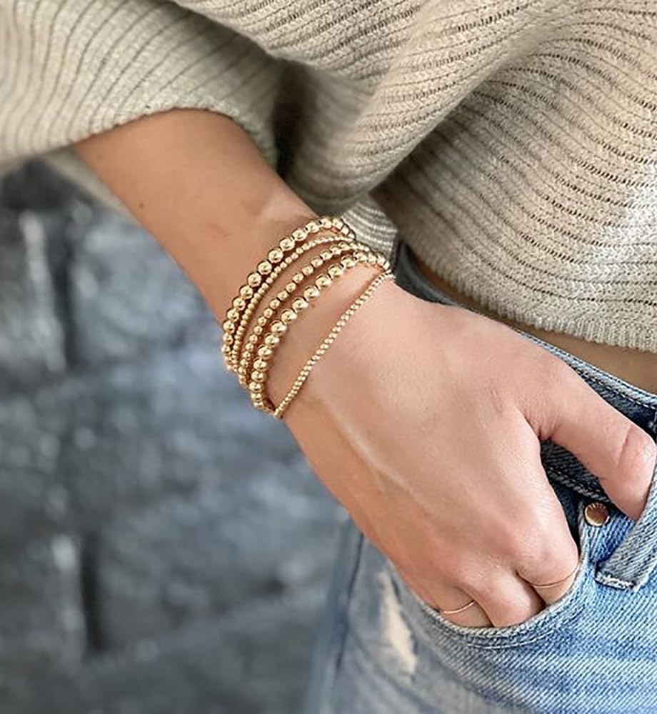 Gold Beaded Bracelets for Women, 14K Real Gold Plated Jewelry for Women Dainty Pearl Bead Bracelets Stack, Non Tarnish Trendy Stackable Ball Cross Stretch Bracelet Set Fashion Accessories Gifts - Image 4
