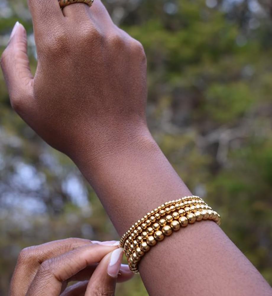Gold Beaded Bracelets for Women, 14K Real Gold Plated Jewelry for Women Dainty Pearl Bead Bracelets Stack, Non Tarnish Trendy Stackable Ball Cross Stretch Bracelet Set Fashion Accessories Gifts - Image 5