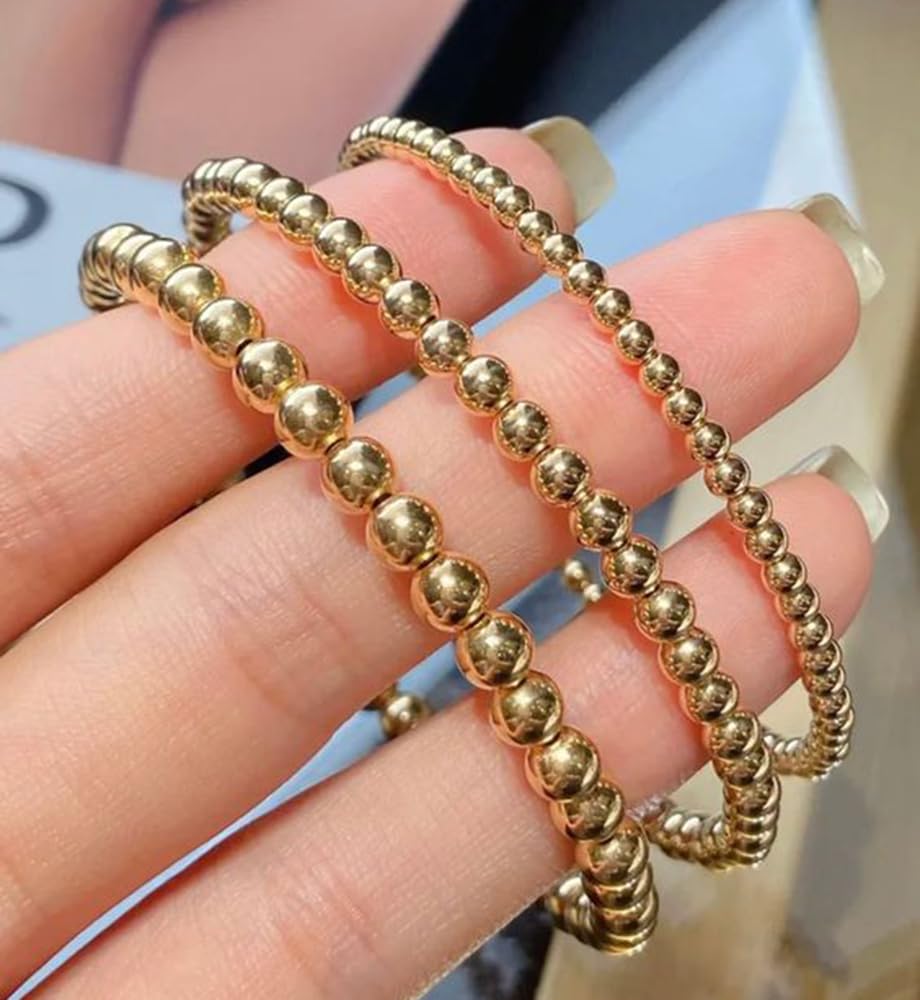 Gold Beaded Bracelets for Women, 14K Real Gold Plated Jewelry for Women Dainty Pearl Bead Bracelets Stack, Non Tarnish Trendy Stackable Ball Cross Stretch Bracelet Set Fashion Accessories Gifts - Image 6