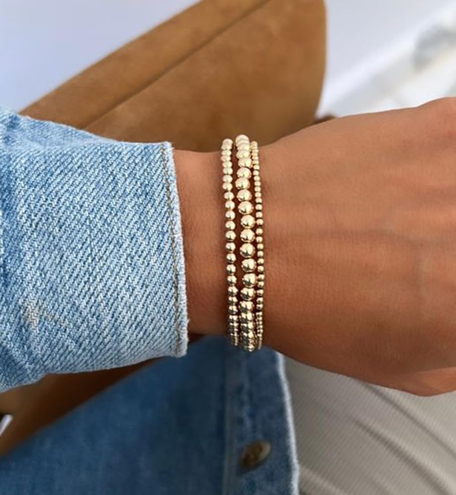 Gold Beaded Bracelets for Women, 14K Real Gold Plated Jewelry for Women Dainty Pearl Bead Bracelets Stack, Non Tarnish Trendy Stackable Ball Cross Stretch Bracelet Set Fashion Accessories Gifts - Image 7