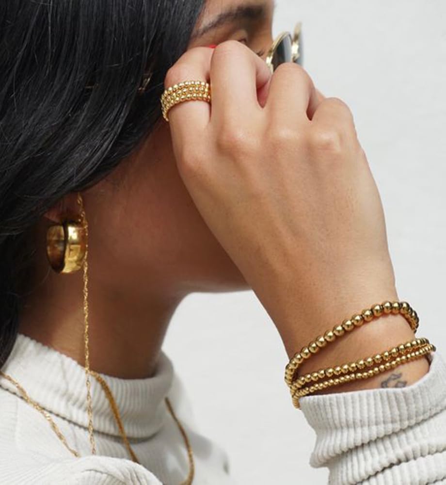 Gold Beaded Bracelets for Women, 14K Real Gold Plated Jewelry for Women Dainty Pearl Bead Bracelets Stack, Non Tarnish Trendy Stackable Ball Cross Stretch Bracelet Set Fashion Accessories Gifts - Image 8