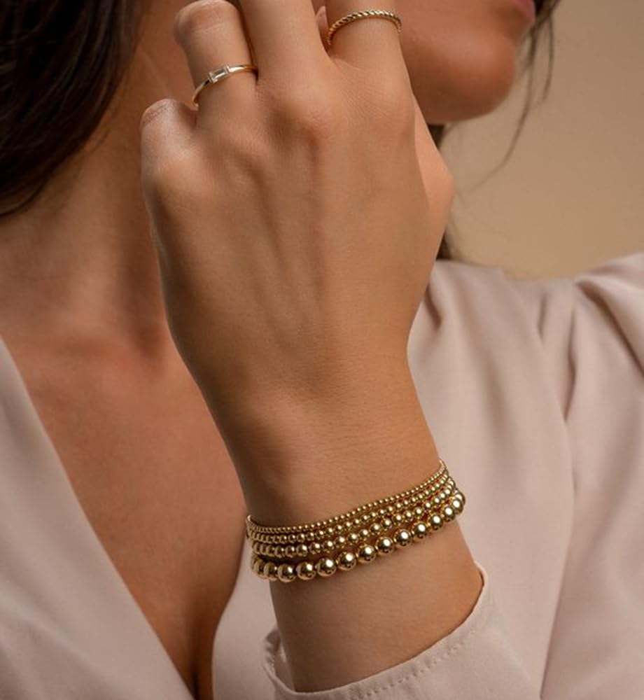 Gold Beaded Bracelets for Women, 14K Real Gold Plated Jewelry for Women Dainty Pearl Bead Bracelets Stack, Non Tarnish Trendy Stackable Ball Cross Stretch Bracelet Set Fashion Accessories Gifts - Image 9