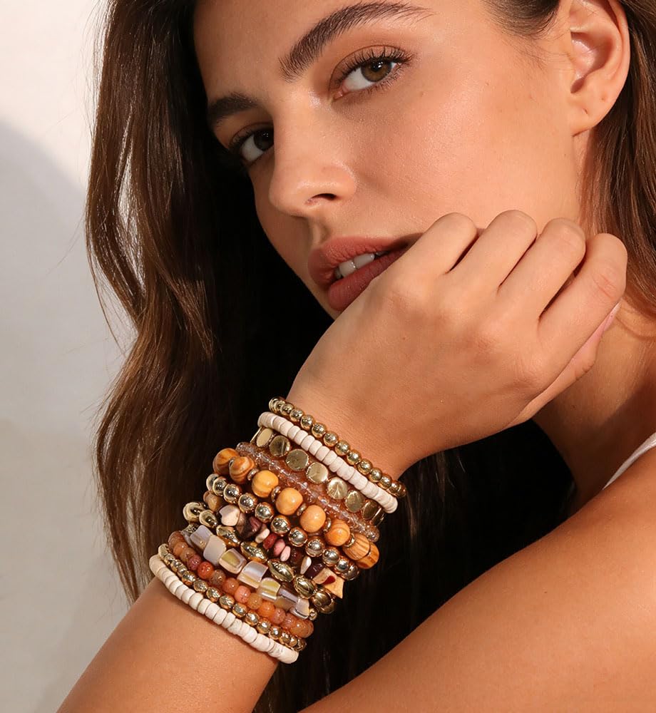 iF YOU 12 Pcs Boho Beaded Bracelets for Women, Brown Orange Colorful Bohemian Stackable Gold Bead Stretch Bracelets Stack Summer Beach Jewelry Gift - Image 3