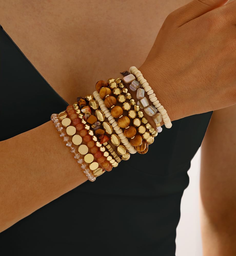 iF YOU 12 Pcs Boho Beaded Bracelets for Women, Brown Orange Colorful Bohemian Stackable Gold Bead Stretch Bracelets Stack Summer Beach Jewelry Gift - Image 6