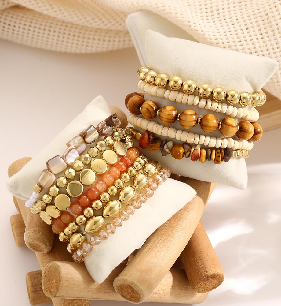 iF YOU 12 Pcs Boho Beaded Bracelets for Women, Brown Orange Colorful Bohemian Stackable Gold Bead Stretch Bracelets Stack Summer Beach Jewelry Gift - Image 7