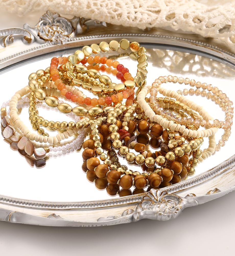 iF YOU 12 Pcs Boho Beaded Bracelets for Women, Brown Orange Colorful Bohemian Stackable Gold Bead Stretch Bracelets Stack Summer Beach Jewelry Gift - Image 8