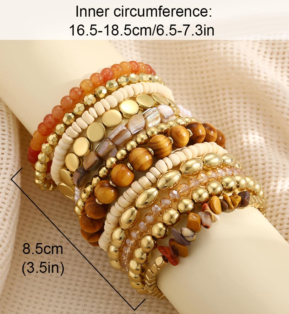 iF YOU 12 Pcs Boho Beaded Bracelets for Women, Brown Orange Colorful Bohemian Stackable Gold Bead Stretch Bracelets Stack Summer Beach Jewelry Gift - Image 9