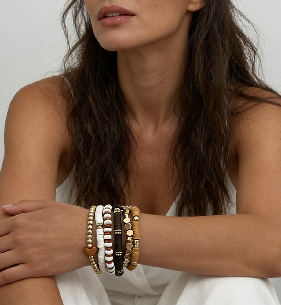 iF YOU 13pcs Heishi Clay Beaded Stretch Bracelets for Women, Boho Gold Surfer Stackable Bracelet Stacks White Brown Black Beach Jewelry - Image 3