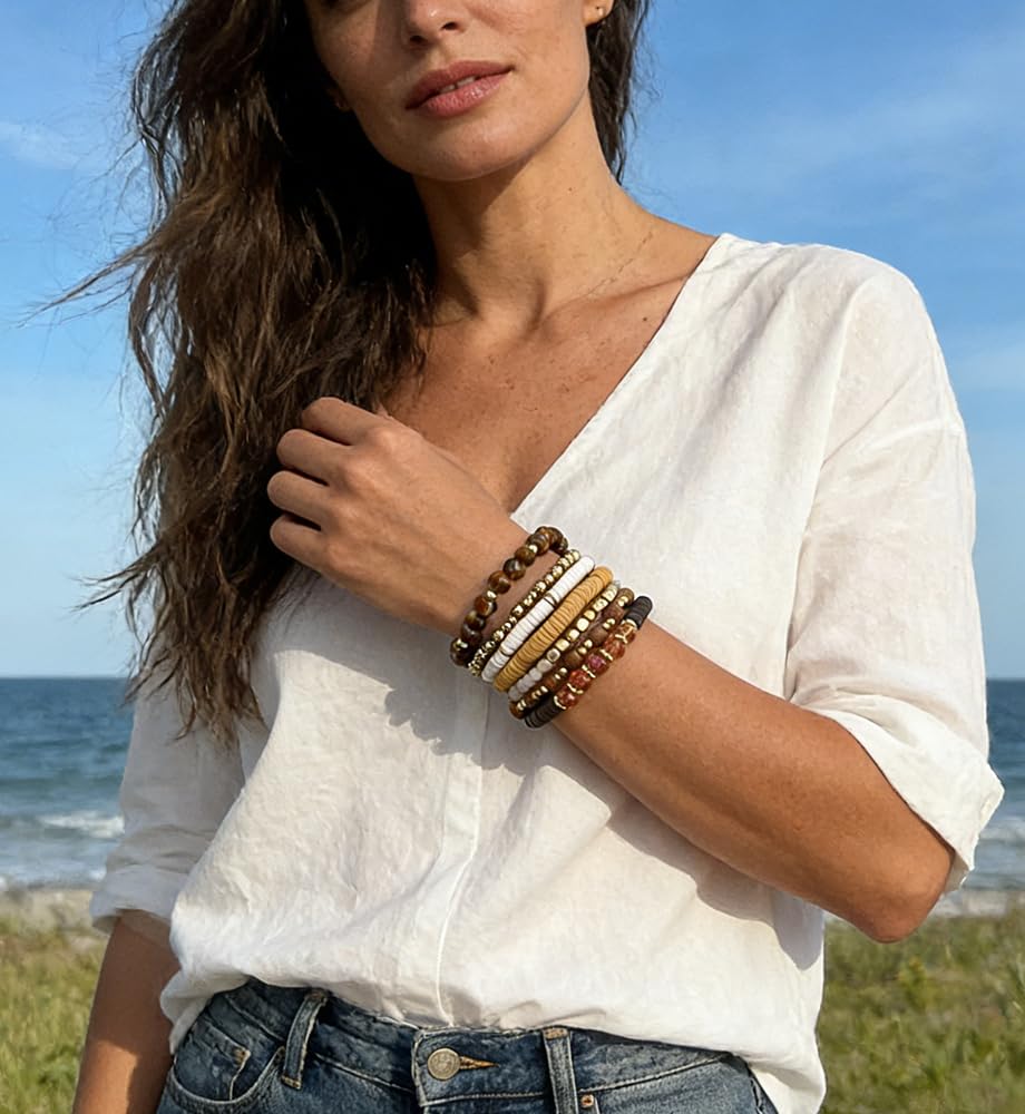 iF YOU 13pcs Heishi Clay Beaded Stretch Bracelets for Women, Boho Gold Surfer Stackable Bracelet Stacks White Brown Black Beach Jewelry - Image 4