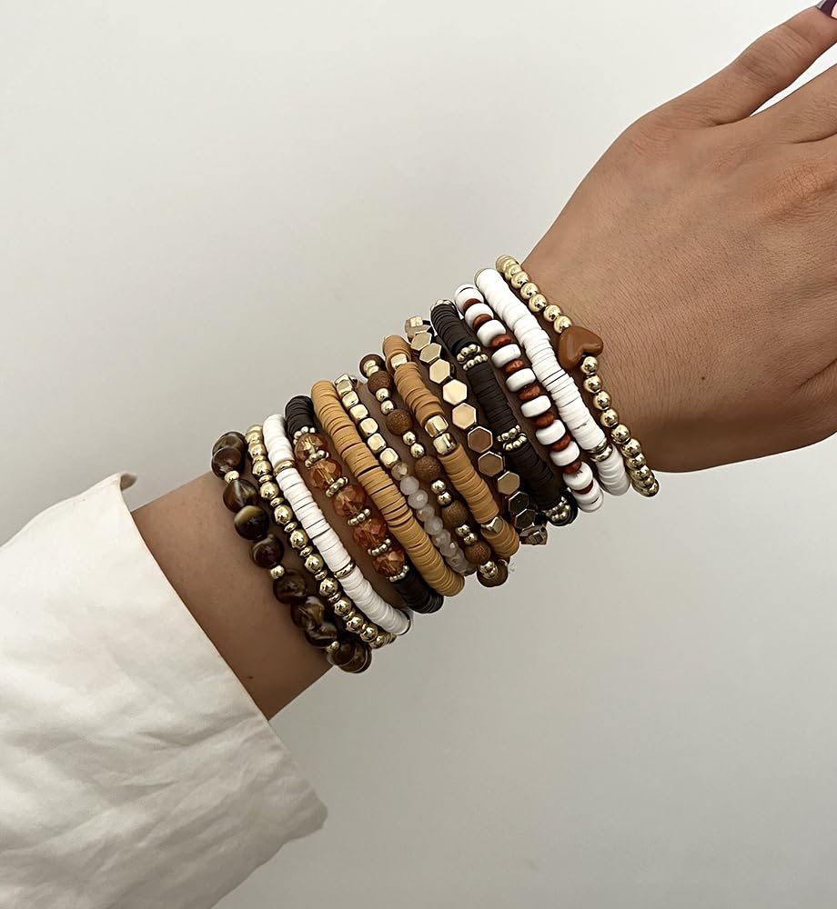iF YOU 13pcs Heishi Clay Beaded Stretch Bracelets for Women, Boho Gold Surfer Stackable Bracelet Stacks White Brown Black Beach Jewelry - Image 5