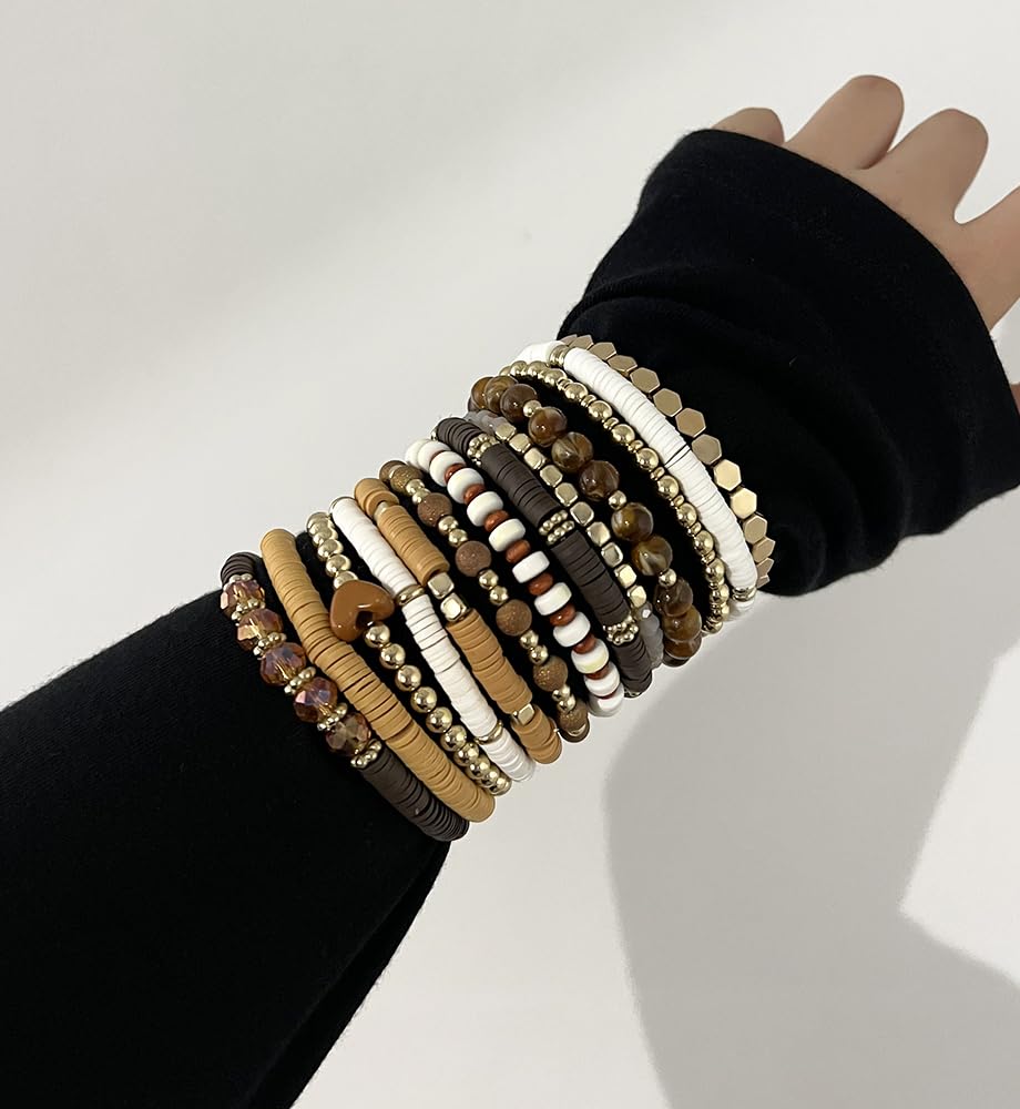 iF YOU 13pcs Heishi Clay Beaded Stretch Bracelets for Women, Boho Gold Surfer Stackable Bracelet Stacks White Brown Black Beach Jewelry - Image 6