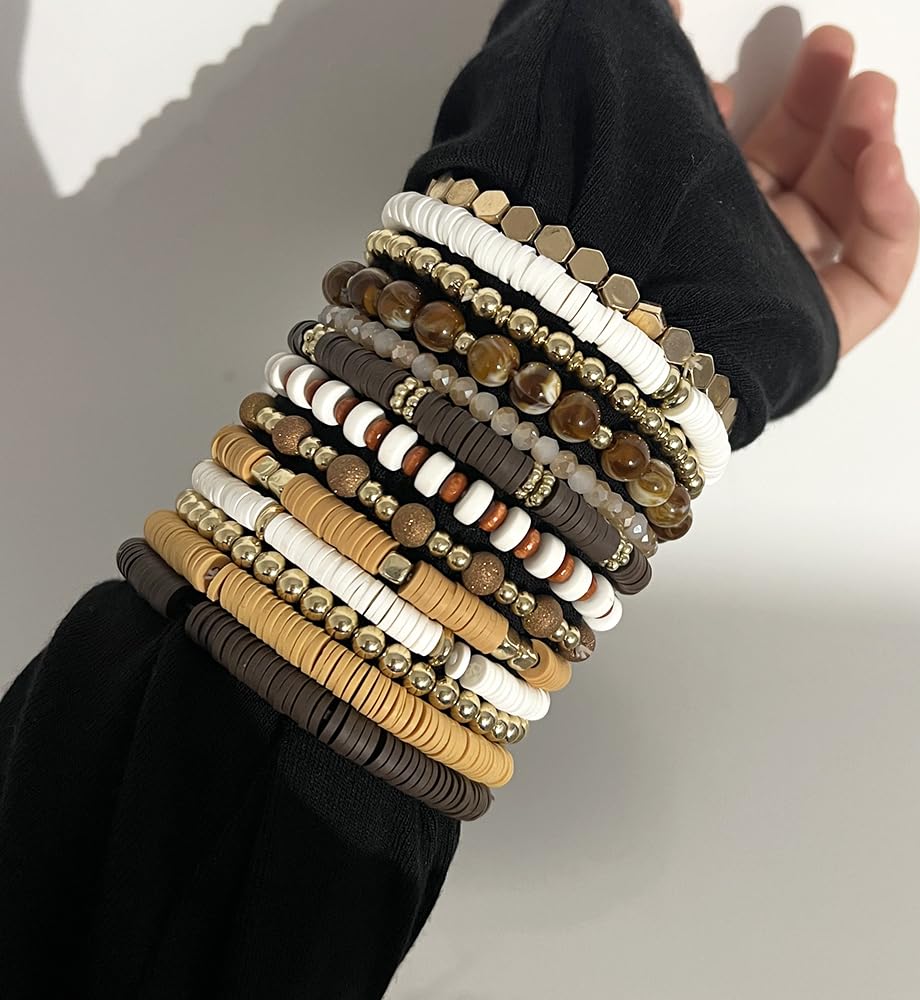 iF YOU 13pcs Heishi Clay Beaded Stretch Bracelets for Women, Boho Gold Surfer Stackable Bracelet Stacks White Brown Black Beach Jewelry - Image 7