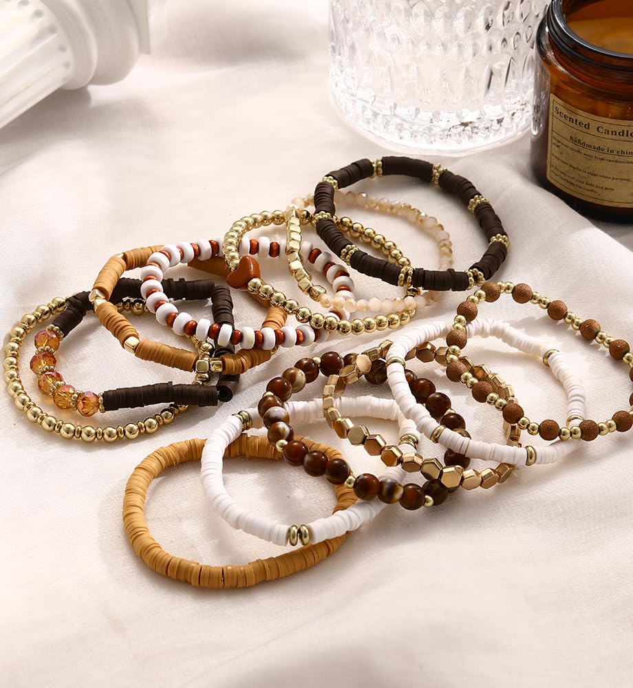 iF YOU 13pcs Heishi Clay Beaded Stretch Bracelets for Women, Boho Gold Surfer Stackable Bracelet Stacks White Brown Black Beach Jewelry - Image 8