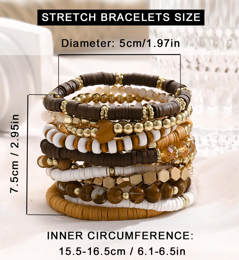 iF YOU 13pcs Heishi Clay Beaded Stretch Bracelets for Women, Boho Gold Surfer Stackable Bracelet Stacks White Brown Black Beach Jewelry - Image 9