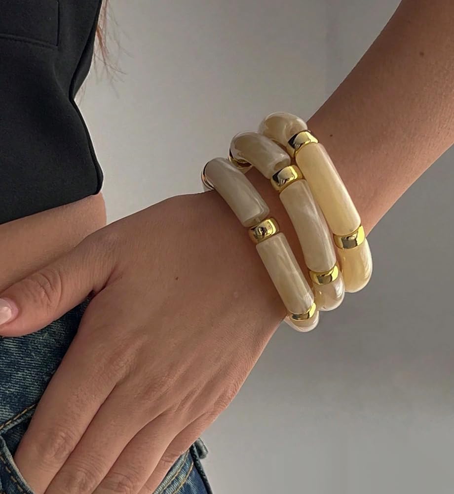 iF YOU 6pcs Chunky Acrylic Bangle Bracelets for Women, Resin Bamboo Brown Stretchy Bracelet Stack, Fashion Jewelry for Women - Image 3