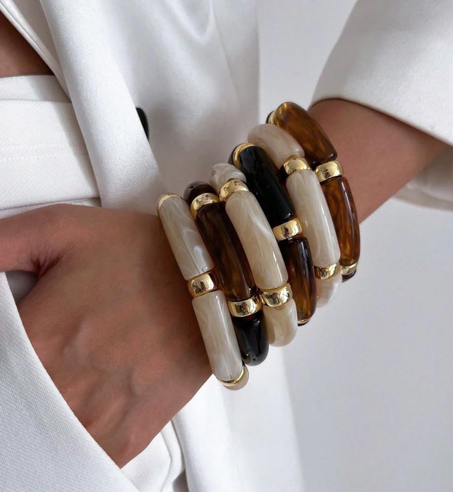 iF YOU 6pcs Chunky Acrylic Bangle Bracelets for Women, Resin Bamboo Brown Stretchy Bracelet Stack, Fashion Jewelry for Women - Image 4