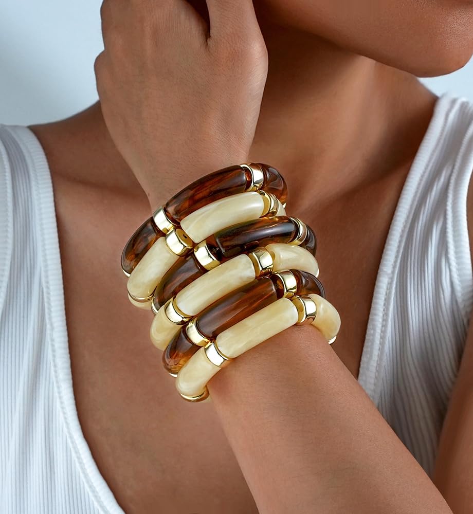 iF YOU 6pcs Chunky Acrylic Bangle Bracelets for Women, Resin Bamboo Brown Stretchy Bracelet Stack, Fashion Jewelry for Women - Image 5