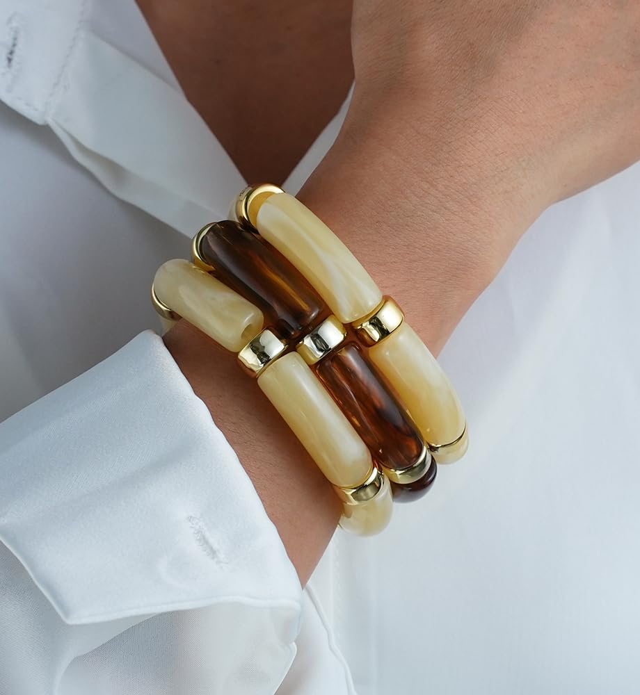 iF YOU 6pcs Chunky Acrylic Bangle Bracelets for Women, Resin Bamboo Brown Stretchy Bracelet Stack, Fashion Jewelry for Women - Image 6