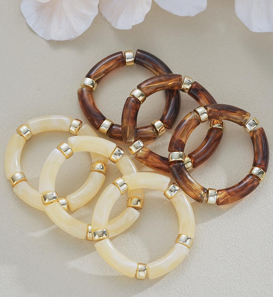 iF YOU 6pcs Chunky Acrylic Bangle Bracelets for Women, Resin Bamboo Brown Stretchy Bracelet Stack, Fashion Jewelry for Women - Image 7