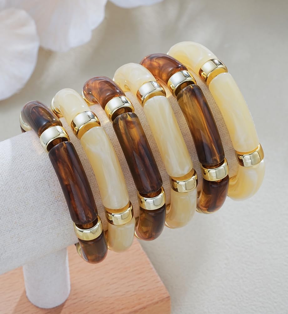 iF YOU 6pcs Chunky Acrylic Bangle Bracelets for Women, Resin Bamboo Brown Stretchy Bracelet Stack, Fashion Jewelry for Women - Image 8