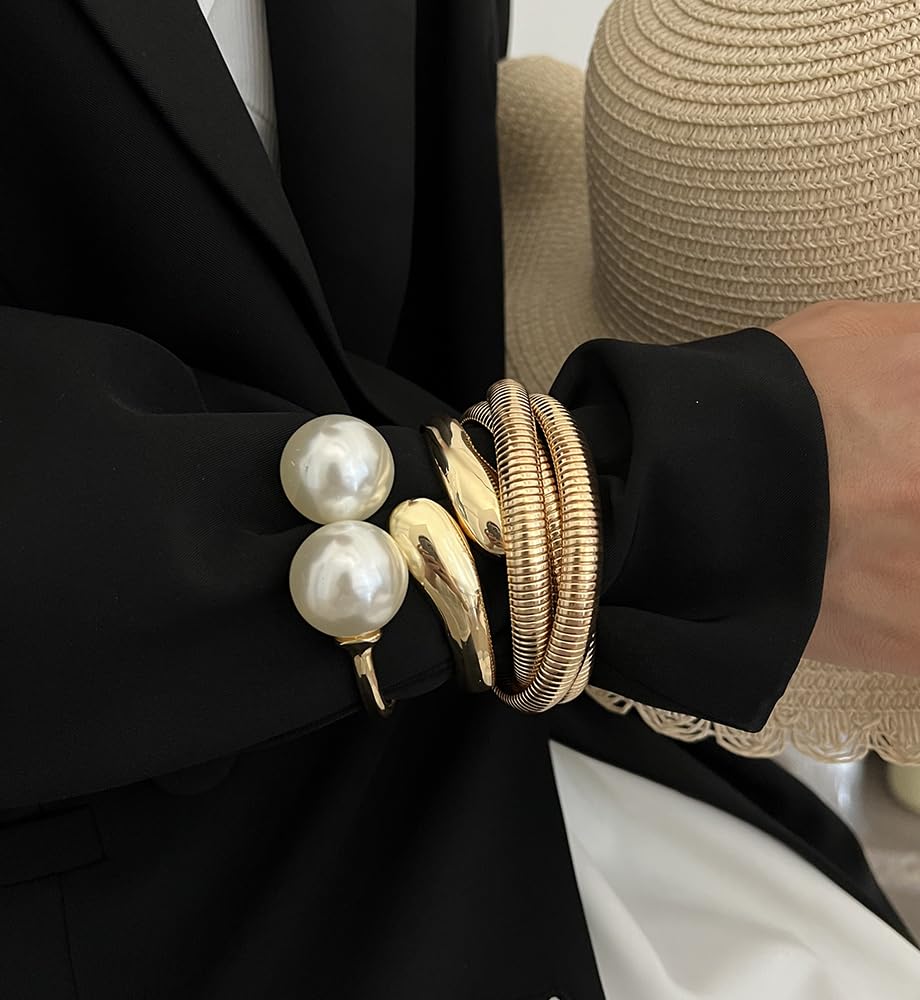 iF YOU Chunky Gold Bangle Bracelets for Women, Big Pearl Stretch Bangles Set, Trendy Stackable Chain Bracelet Stack Fashion Accessories Jewelry Gifts - Image 3