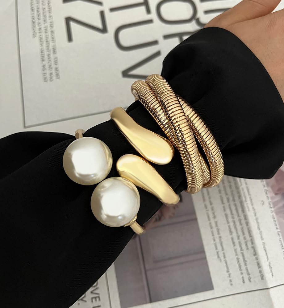 iF YOU Chunky Gold Bangle Bracelets for Women, Big Pearl Stretch Bangles Set, Trendy Stackable Chain Bracelet Stack Fashion Accessories Jewelry Gifts - Image 4