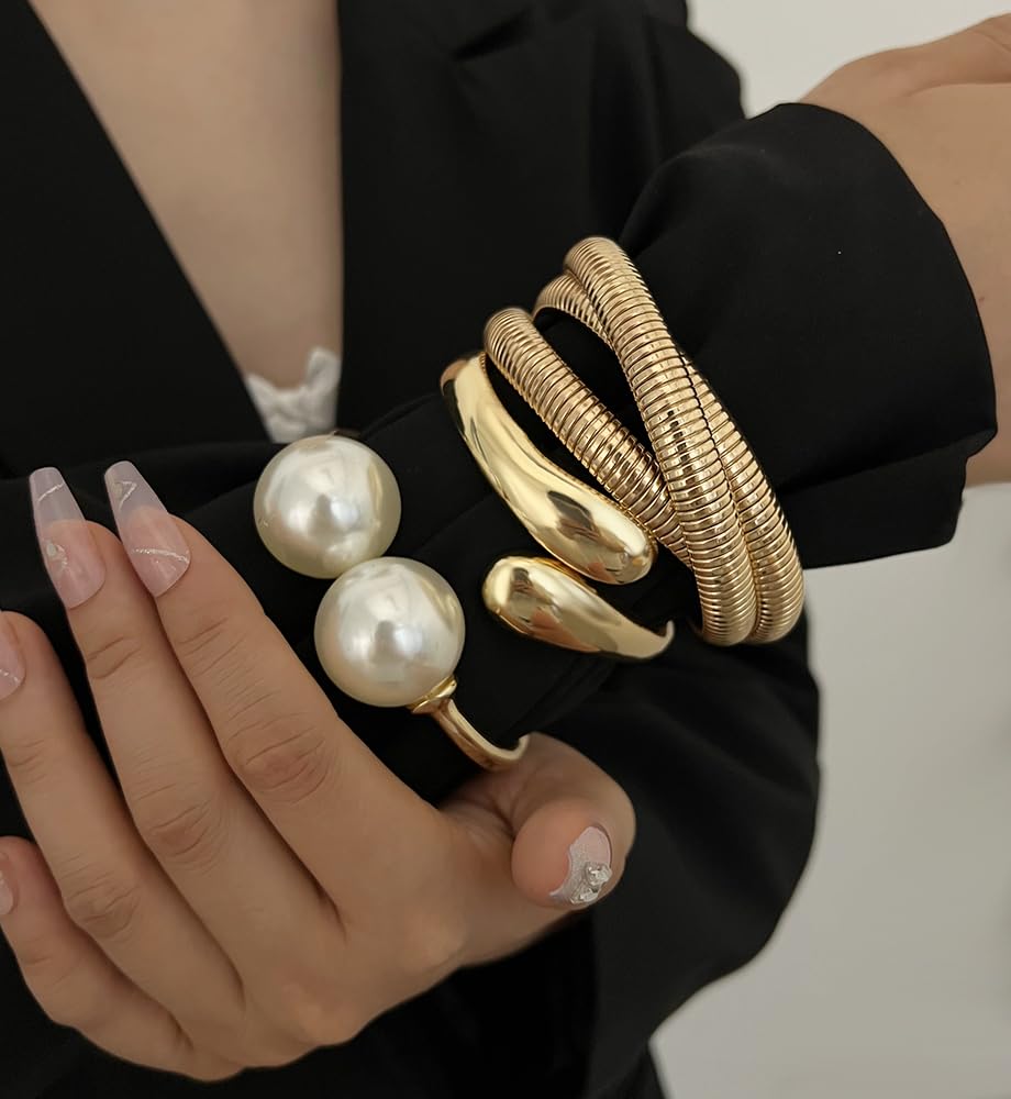 iF YOU Chunky Gold Bangle Bracelets for Women, Big Pearl Stretch Bangles Set, Trendy Stackable Chain Bracelet Stack Fashion Accessories Jewelry Gifts - Image 5