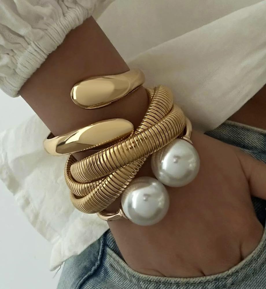 iF YOU Chunky Gold Bangle Bracelets for Women, Big Pearl Stretch Bangles Set, Trendy Stackable Chain Bracelet Stack Fashion Accessories Jewelry Gifts - Image 6