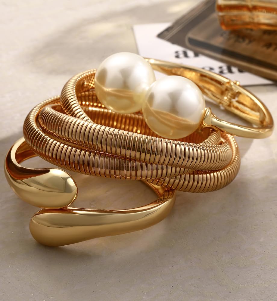 iF YOU Chunky Gold Bangle Bracelets for Women, Big Pearl Stretch Bangles Set, Trendy Stackable Chain Bracelet Stack Fashion Accessories Jewelry Gifts - Image 8