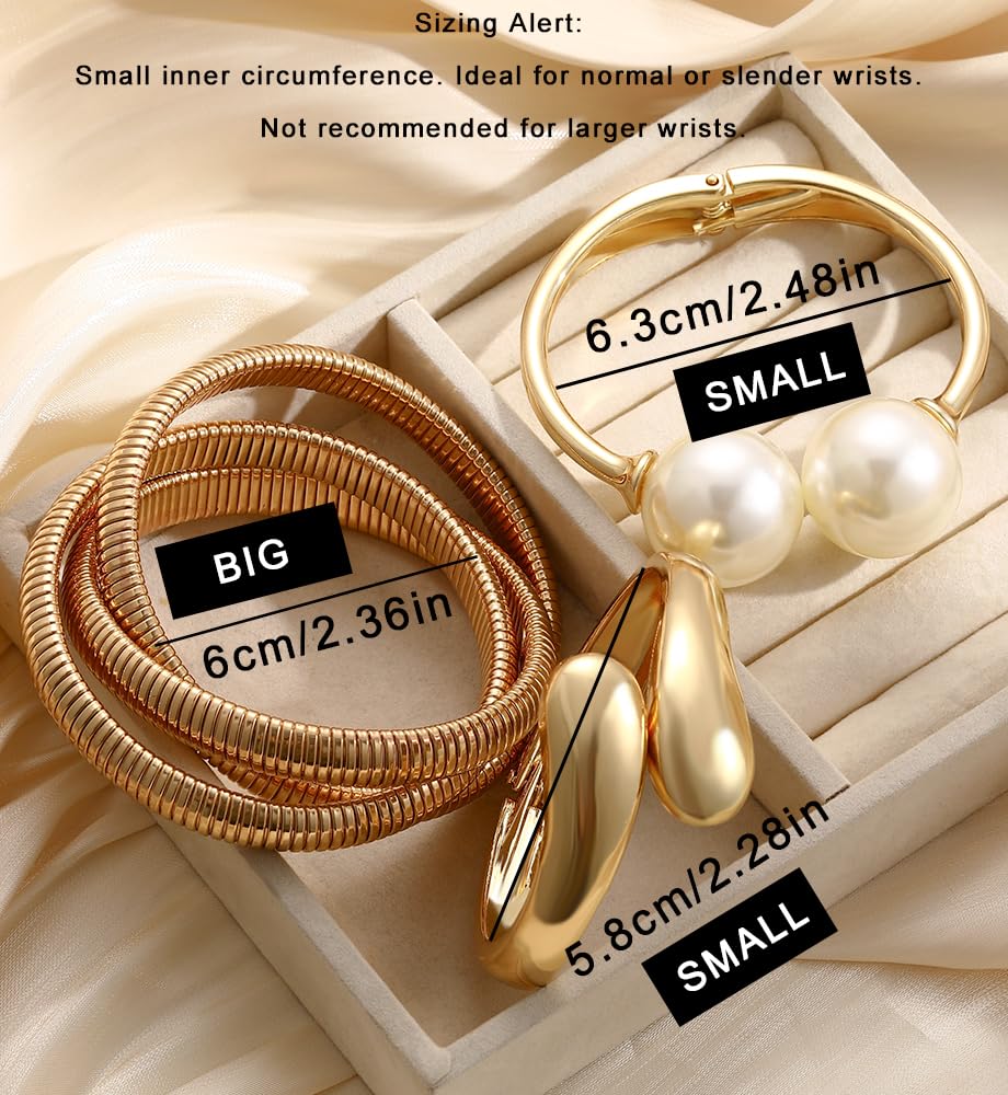 iF YOU Chunky Gold Bangle Bracelets for Women, Big Pearl Stretch Bangles Set, Trendy Stackable Chain Bracelet Stack Fashion Accessories Jewelry Gifts - Image 9