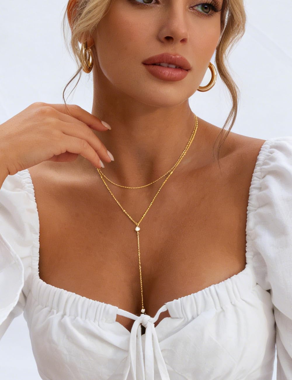 iF YOU Lariat Gold Long Necklaces for Women Trendy, Dainty 14K Gold Plated Drop Chain Necklace, Layered Rosary Beaded Y Necklaces Summer Beach Jewelry Gifts - Image 5