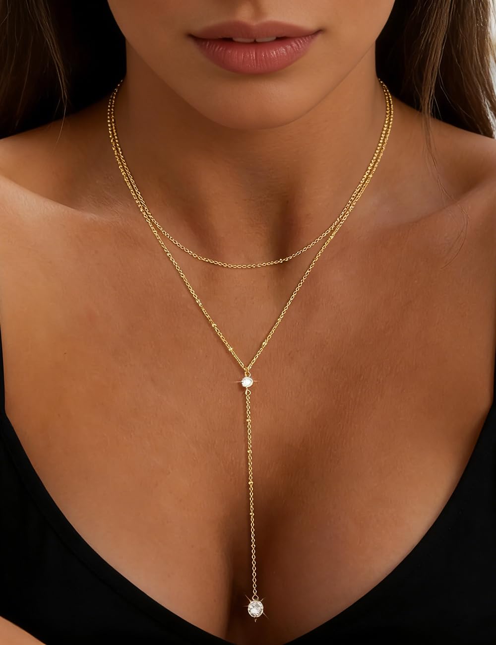 iF YOU Lariat Gold Long Necklaces for Women Trendy, Dainty 14K Gold Plated Drop Chain Necklace, Layered Rosary Beaded Y Necklaces Summer Beach Jewelry Gifts - Image 6