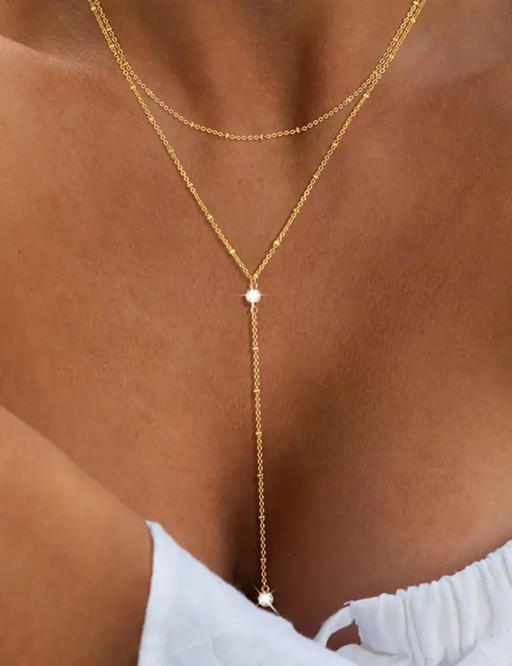 iF YOU Lariat Gold Long Necklaces for Women Trendy, Dainty 14K Gold Plated Drop Chain Necklace, Layered Rosary Beaded Y Necklaces Summer Beach Jewelry Gifts - Image 8
