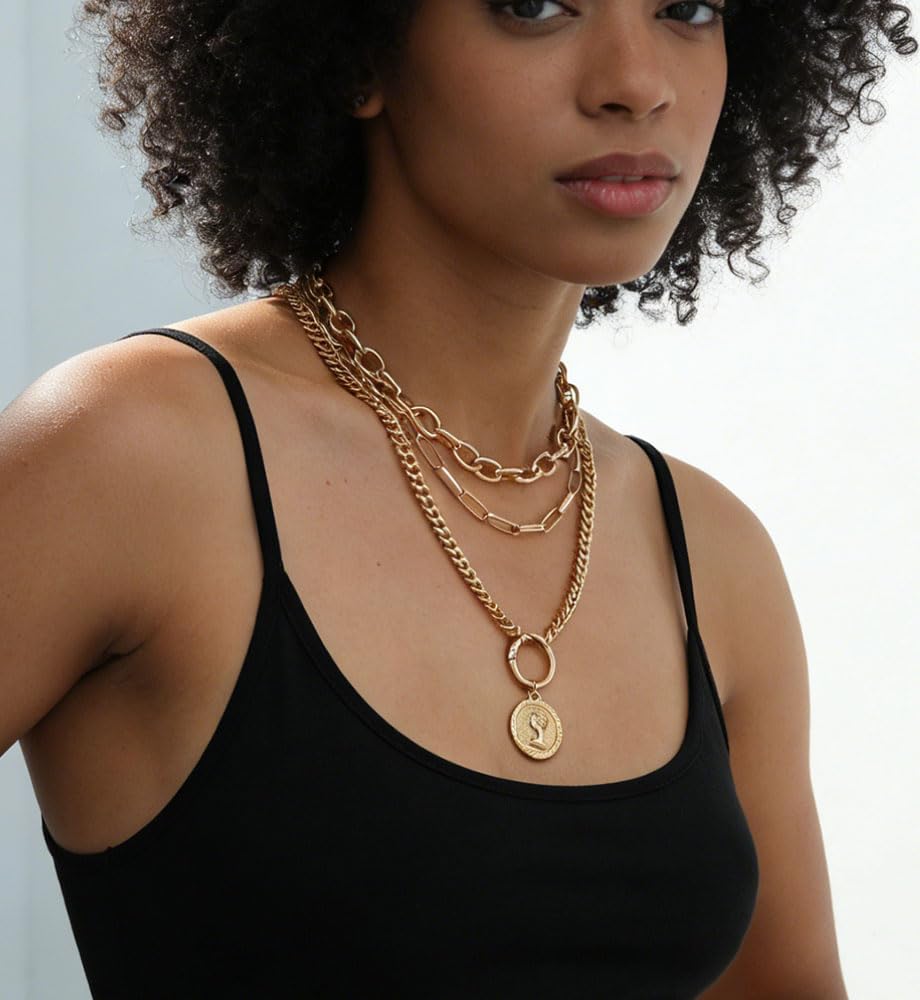 iF YOU Vintage Gold Layered Necklaces for Women Trendy, Chunky Cuban Link Paperclip Chains Necklace Stack, Coin Pendant Necklace Set Jewelry Gifts - Image 5
