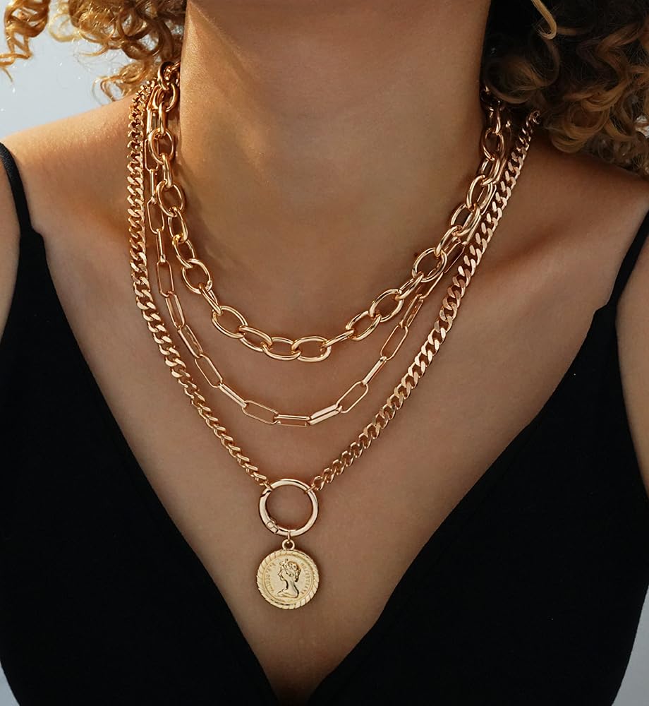 iF YOU Vintage Gold Layered Necklaces for Women Trendy, Chunky Cuban Link Paperclip Chains Necklace Stack, Coin Pendant Necklace Set Jewelry Gifts - Image 7